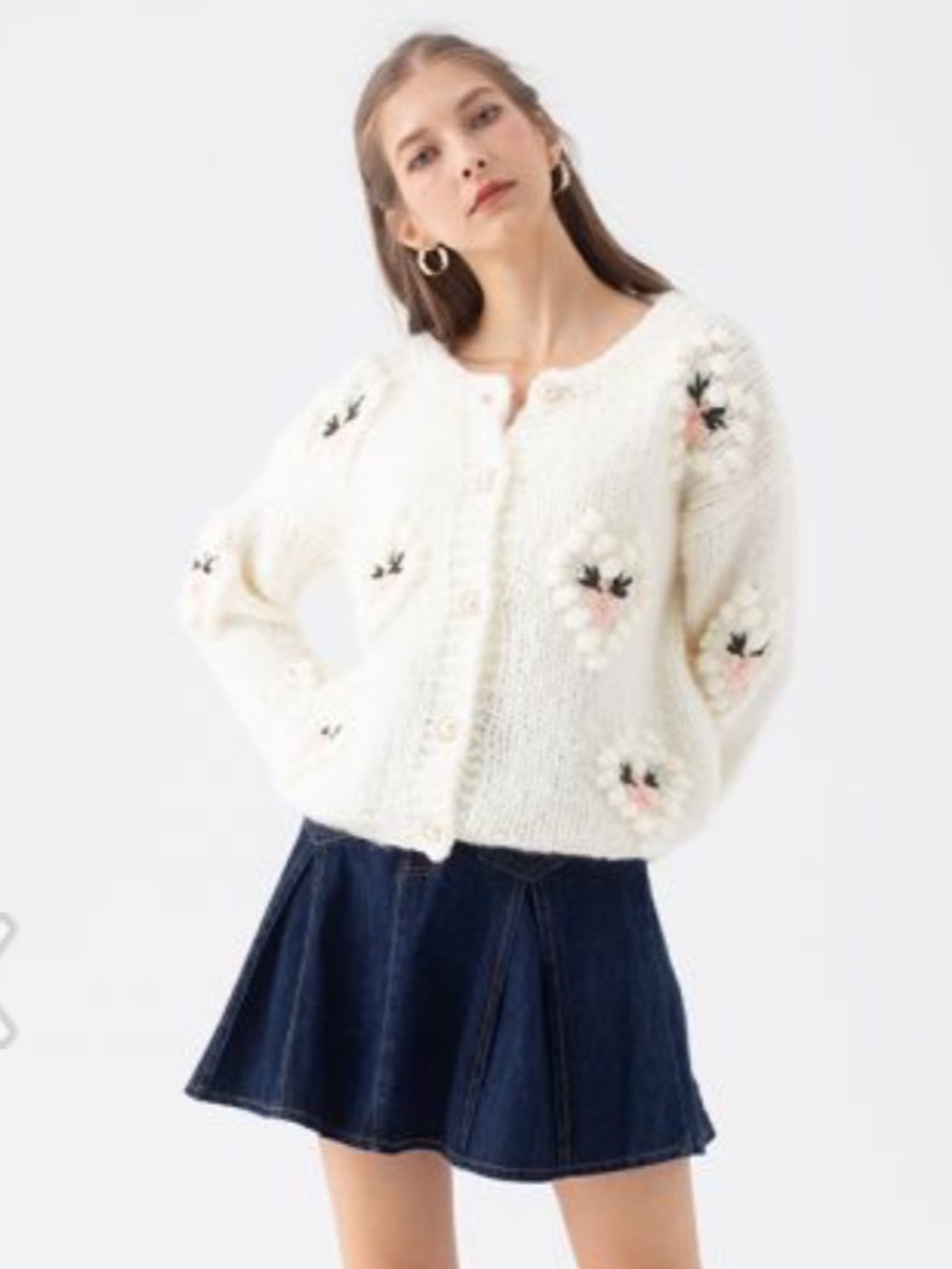 ChicWish Cream Textured Pom-Pom Floral Knit Cardigan
